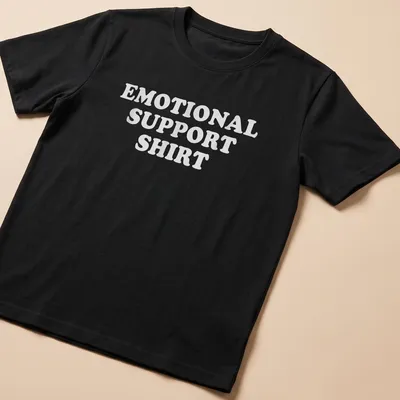 Bold text reading Emotional Support Shirt on a white T-shirt