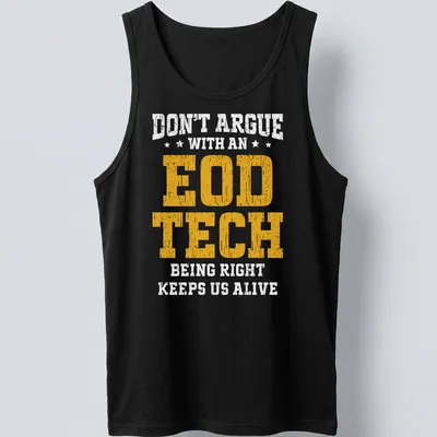 Bold distressed EOD TECH graphic T-shirt in yellow and white — printed on a tank top
