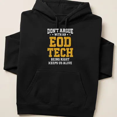 Bold distressed EOD TECH graphic T-shirt in yellow and white — printed on a unisex hoodie