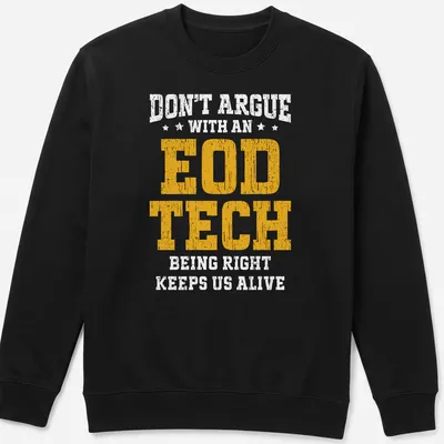 Bold distressed EOD TECH graphic T-shirt in yellow and white — printed on a unisex sweatshirt