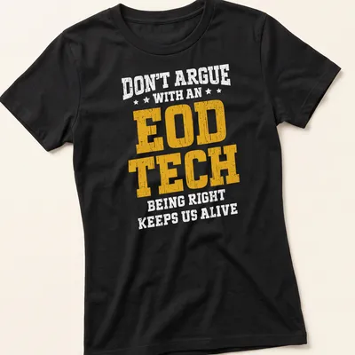 Bold distressed EOD TECH graphic T-shirt in yellow and white — printed on a women's shirt