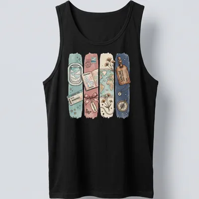 Travel-themed t-shirt featuring vintage illustrations and adventurous text. — printed on a tank top