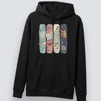 Travel-themed t-shirt featuring vintage illustrations and adventurous text. — printed on a unisex hoodie