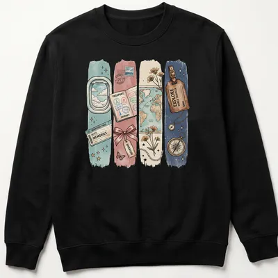 Travel-themed t-shirt featuring vintage illustrations and adventurous text. — printed on a unisex sweatshirt