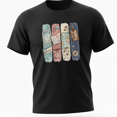 Travel-themed t-shirt featuring vintage illustrations and adventurous text.