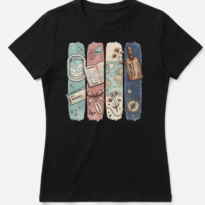 Travel-themed t-shirt featuring vintage illustrations and adventurous text. — printed on a women's shirt