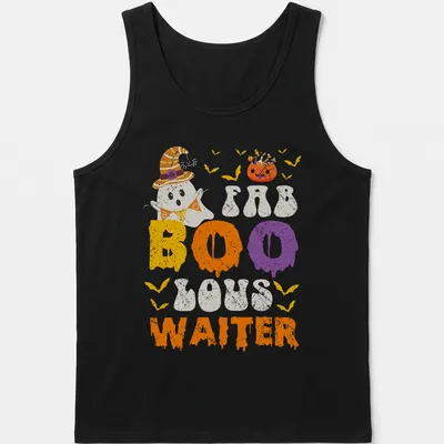 Cartoon ghost waiter graphic with text in orange, purple, and yellow — printed on a tank top
