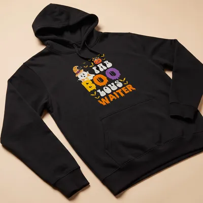 Cartoon ghost waiter graphic with text in orange, purple, and yellow — printed on a unisex hoodie