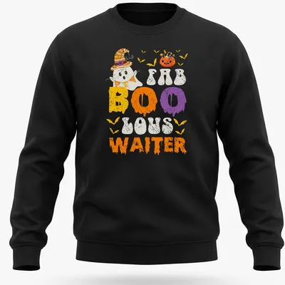 Cartoon ghost waiter graphic with text in orange, purple, and yellow — printed on a unisex sweatshirt