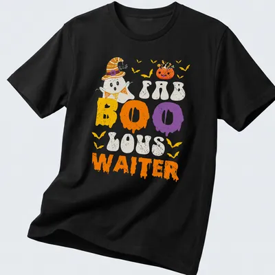 Cartoon ghost waiter graphic with text in orange, purple, and yellow