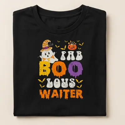 Cartoon ghost waiter graphic with text in orange, purple, and yellow — printed on a women's shirt