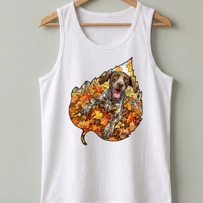 Realistic print of a German Shorthaired Pointer playing in colorful autumn leaves — printed on a tank top