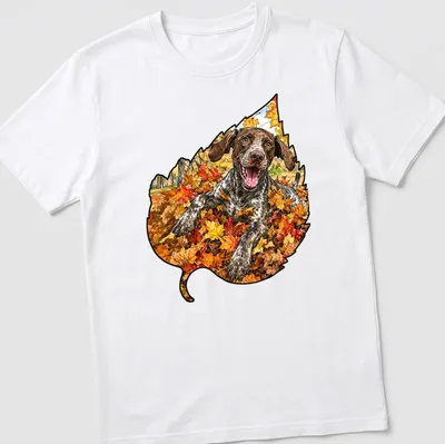Realistic print of a German Shorthaired Pointer playing in colorful autumn leaves