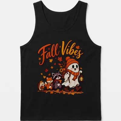 Kawaii illustration featuring a cute ghost with animal friends and 'Fall Vibes' text. — printed on a tank top