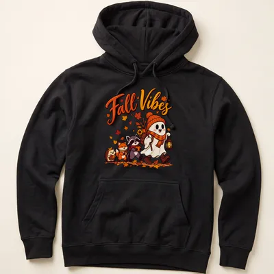 Kawaii illustration featuring a cute ghost with animal friends and 'Fall Vibes' text. — printed on a unisex hoodie