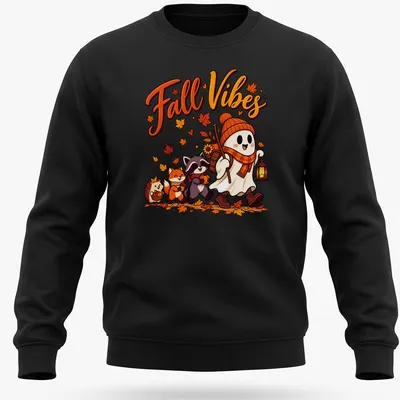 Kawaii illustration featuring a cute ghost with animal friends and 'Fall Vibes' text. — printed on a unisex sweatshirt
