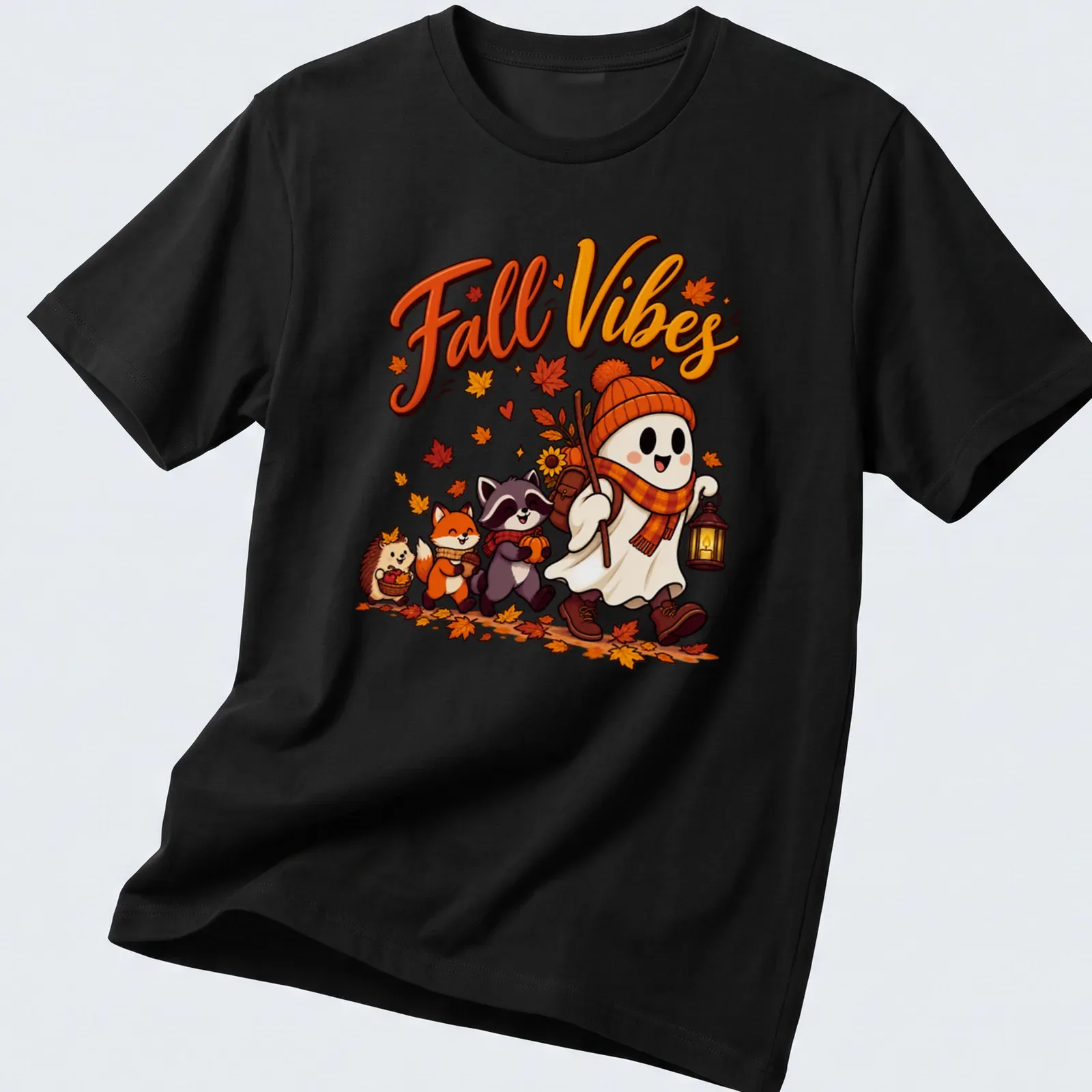 Kawaii illustration featuring a cute ghost with animal friends and 'Fall Vibes' text. — printed on a unisex t-shirt