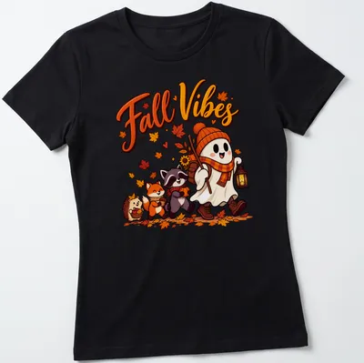 Kawaii illustration featuring a cute ghost with animal friends and 'Fall Vibes' text. — printed on a women's shirt