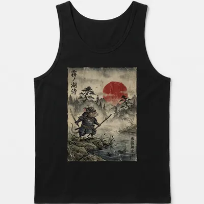 Vintage Japanese art print of a field mouse samurai with bold colors — printed on a tank top