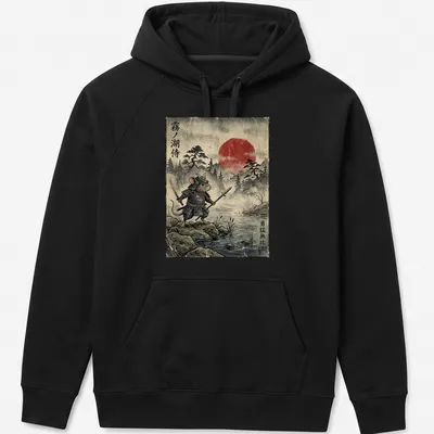 Vintage Japanese art print of a field mouse samurai with bold colors — printed on a unisex hoodie