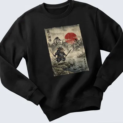 Vintage Japanese art print of a field mouse samurai with bold colors — printed on a unisex sweatshirt