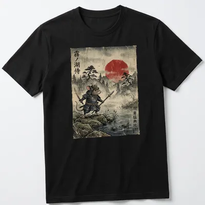 Vintage Japanese art print of a field mouse samurai with bold colors