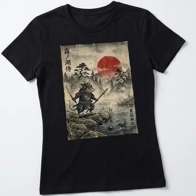 Vintage Japanese art print of a field mouse samurai with bold colors — printed on a women's shirt