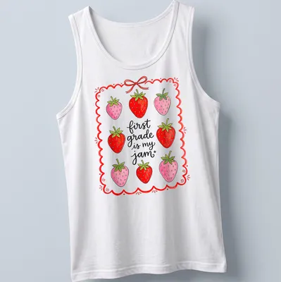 Whimsical illustration of strawberries with text 'first grade is my jam' in red and green — printed on a tank top