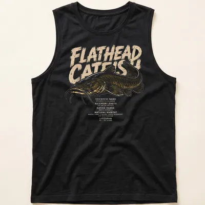 Detailed illustration of Flathead Catfish with scientific information printed — printed on a tank top