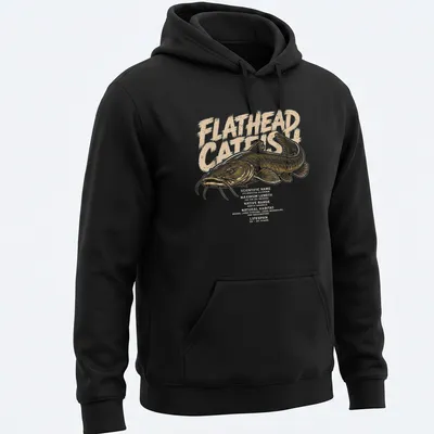 Detailed illustration of Flathead Catfish with scientific information printed — printed on a unisex hoodie