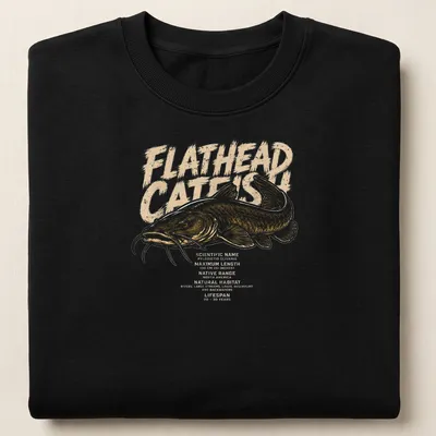 Detailed illustration of Flathead Catfish with scientific information printed — printed on a unisex sweatshirt