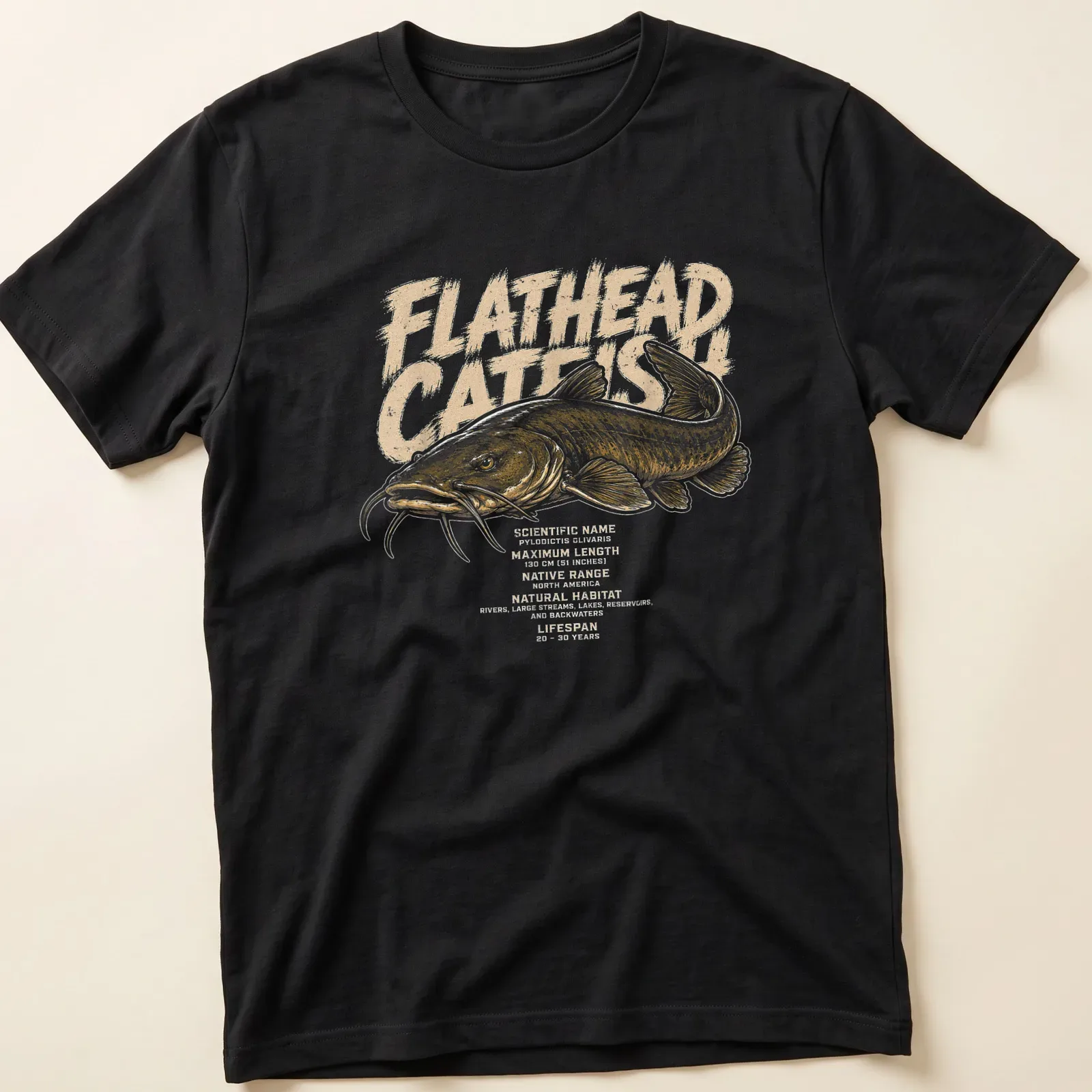 Detailed illustration of Flathead Catfish with scientific information printed — printed on a unisex t-shirt