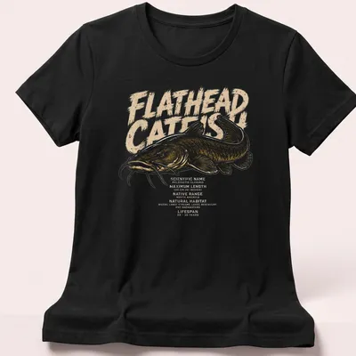 Detailed illustration of Flathead Catfish with scientific information printed — printed on a women's shirt