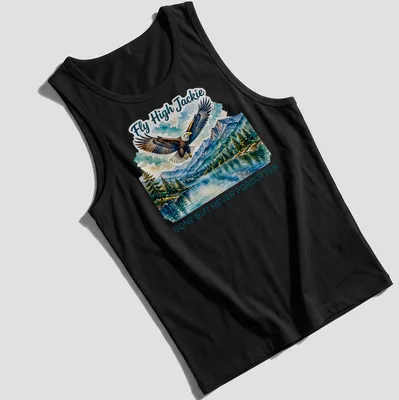 Watercolor print of a bald eagle with the text 'Fly High Jackie GONE BUT NEVER FORGOTTEN' — printed on a tank top