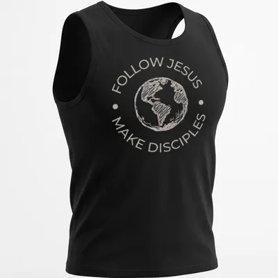Sketch-style t-shirt with the text Follow Jesus Make Disciples and an illustration of the Earth — printed on a tank top