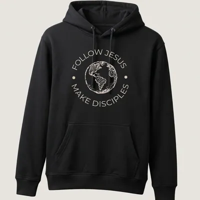 Sketch-style t-shirt with the text Follow Jesus Make Disciples and an illustration of the Earth — printed on a unisex hoodie