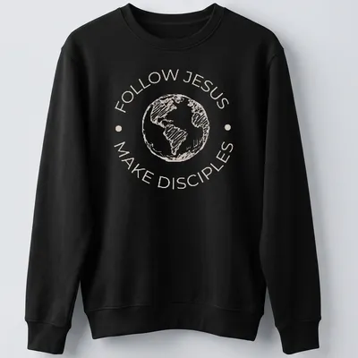 Sketch-style t-shirt with the text Follow Jesus Make Disciples and an illustration of the Earth — printed on a unisex sweatshirt