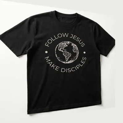 Sketch-style t-shirt with the text Follow Jesus Make Disciples and an illustration of the Earth — printed on a unisex t-shirt (angled view)