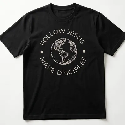 Sketch-style t-shirt with the text Follow Jesus Make Disciples and an illustration of the Earth