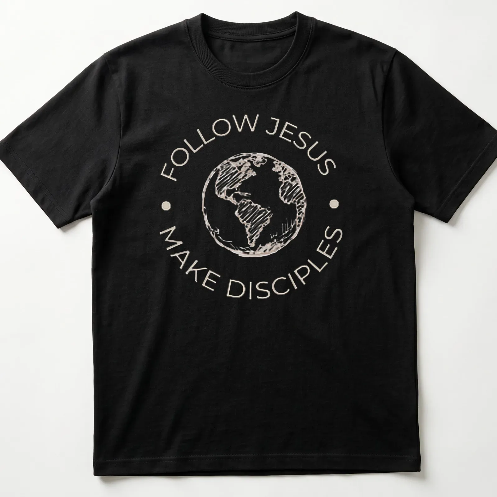 Sketch-style t-shirt with the text Follow Jesus Make Disciples and an illustration of the Earth — printed on a unisex t-shirt