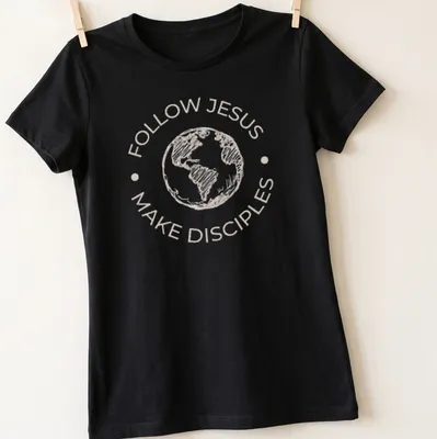 Sketch-style t-shirt with the text Follow Jesus Make Disciples and an illustration of the Earth — printed on a women's shirt