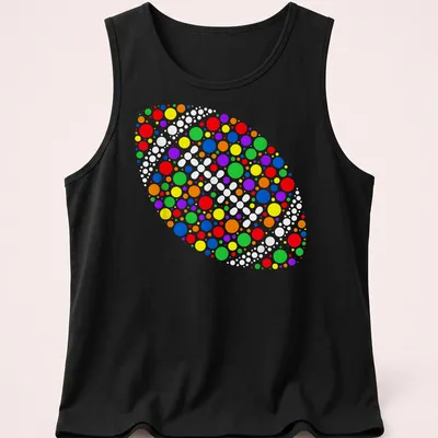 Colorful abstract football design composed of dots in various colors — printed on a tank top