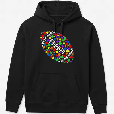 Colorful abstract football design composed of dots in various colors — printed on a unisex hoodie