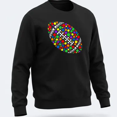 Colorful abstract football design composed of dots in various colors — printed on a unisex sweatshirt