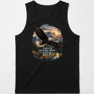 Realistic bald eagle in flight with text honoring Jackie 2012-2026 — printed on a tank top