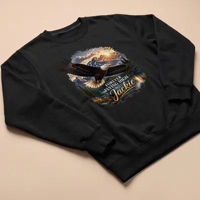 Realistic bald eagle in flight with text honoring Jackie 2012-2026 — printed on a unisex sweatshirt