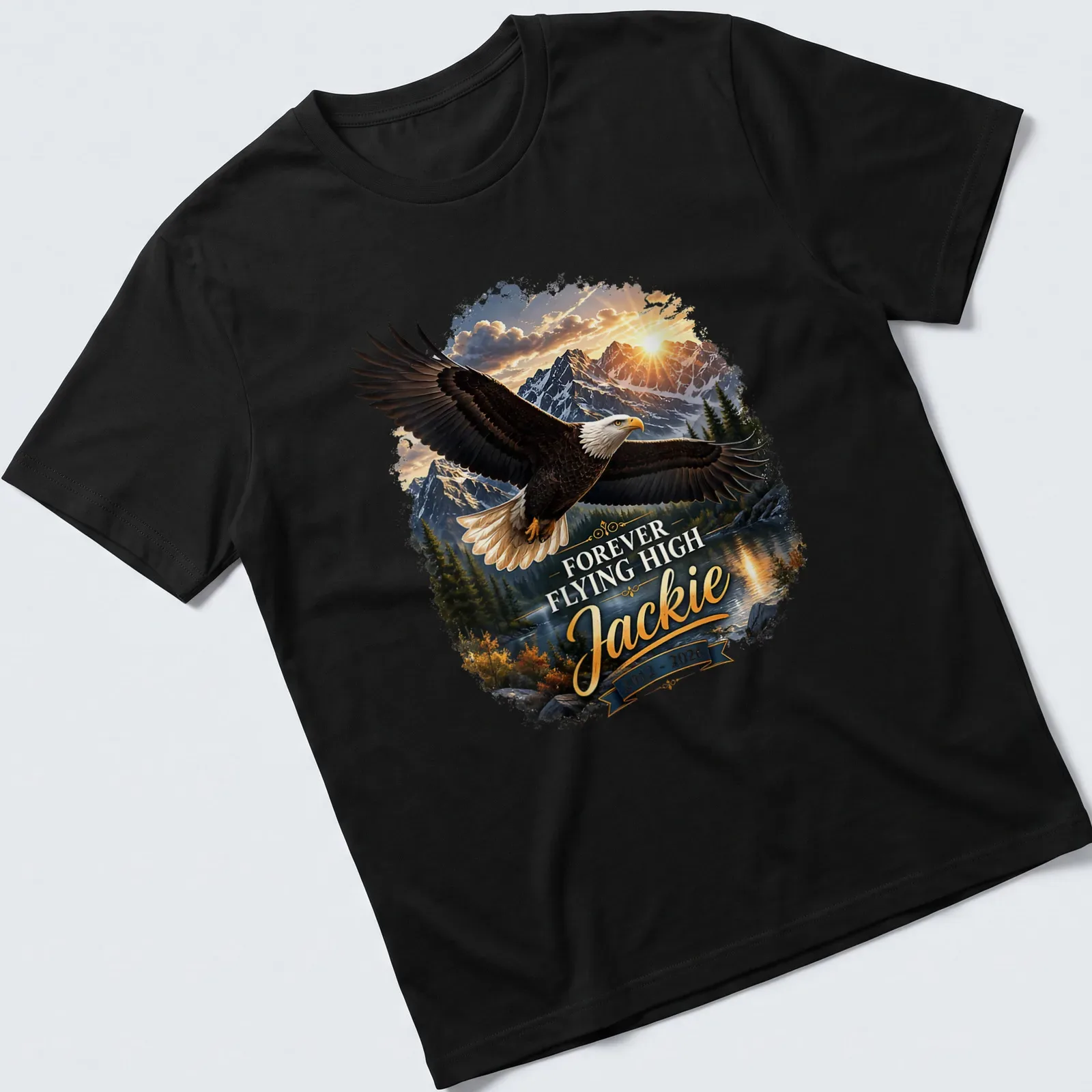 Realistic bald eagle in flight with text honoring Jackie 2012-2026 — printed on a unisex t-shirt