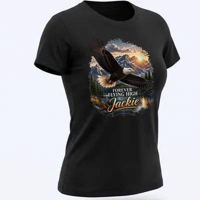 Realistic bald eagle in flight with text honoring Jackie 2012-2026 — printed on a women's shirt