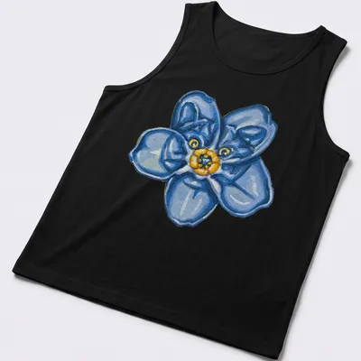 Watercolor forget-me-not flower in soft blue, yellow, and green tones — printed on a tank top