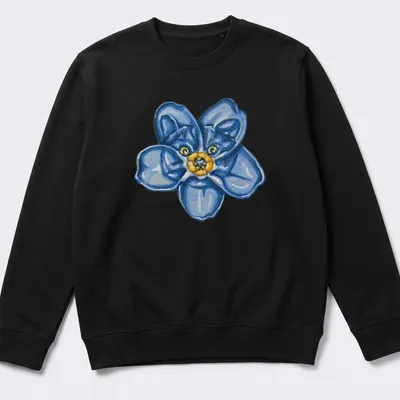 Watercolor forget-me-not flower in soft blue, yellow, and green tones — printed on a unisex sweatshirt